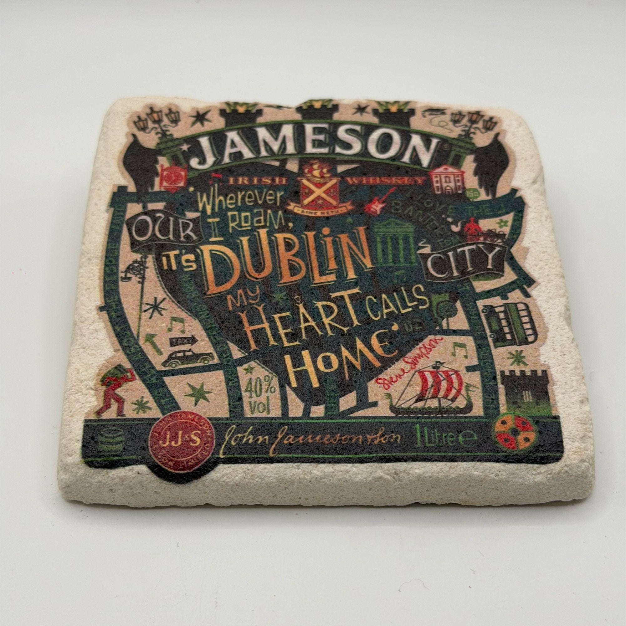 Jameson whiskey artwork printed on square travertine stone coaster