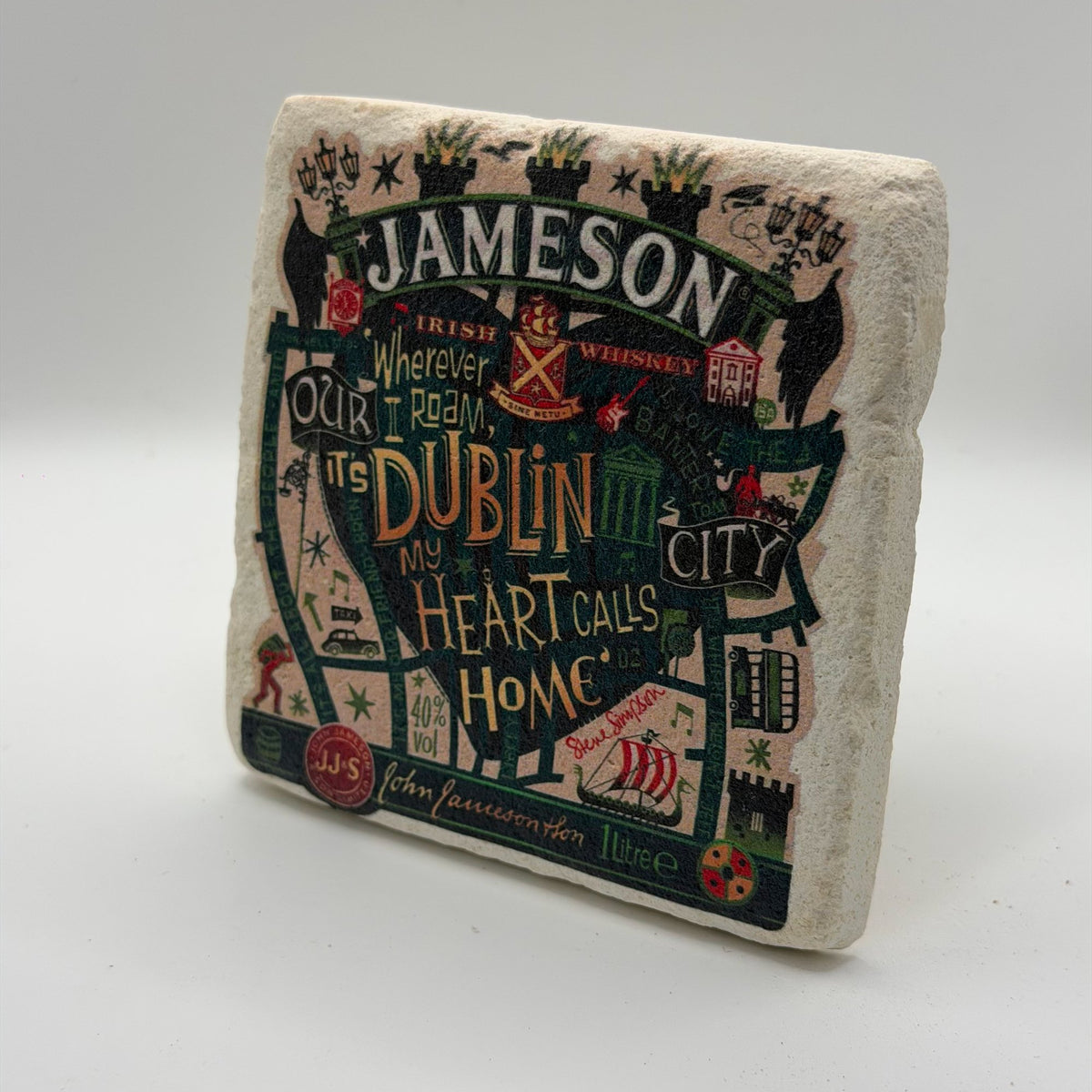 Jameson whiskey artwork printed on square travertine stone coaster