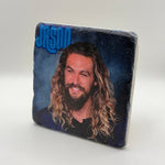 Jason Momoa portrait printed on square travertine stone coaster