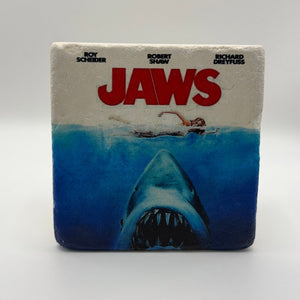 Vintage Jaws artwork printed on square travertine stone coaster