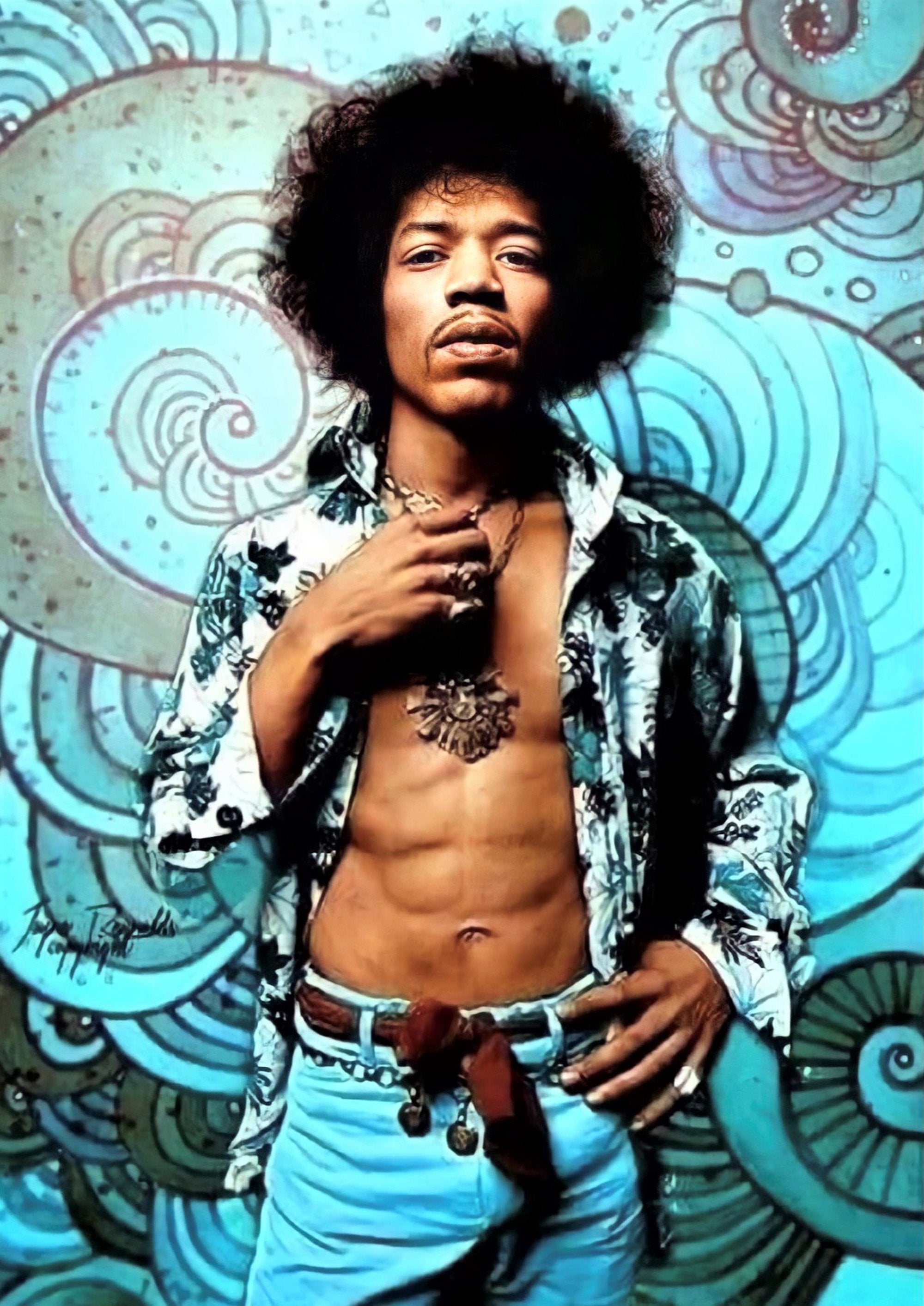 Jimi Hendrix blue artwork printed on MDF wall poster