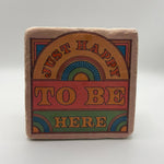 Happy slogan printed on square travertine stone coaster