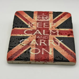 London Keep Calm And Carry On phrase printed on square natural travertine stone coaster