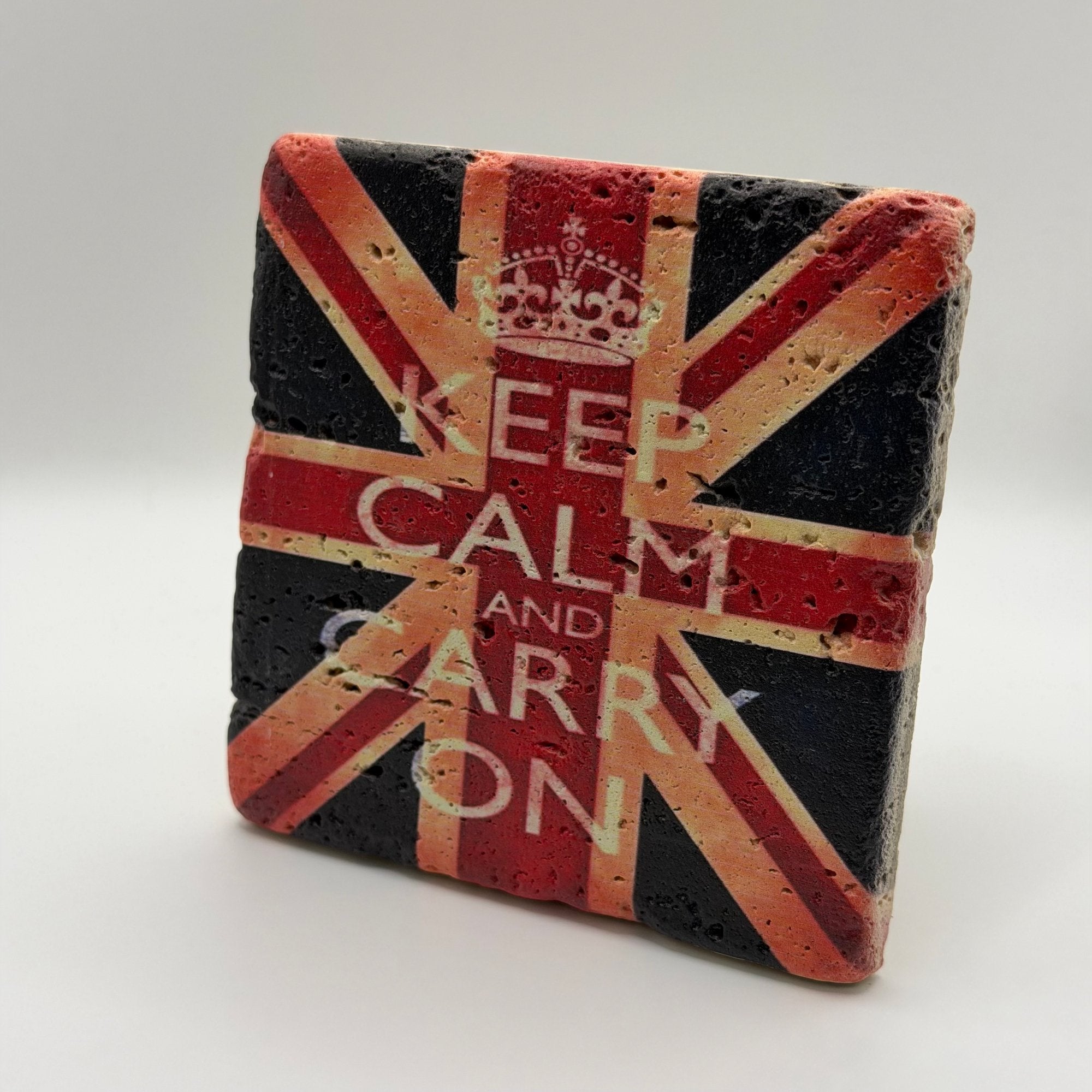 London Keep Calm And Carry On phrase printed on square natural travertine stone coaster