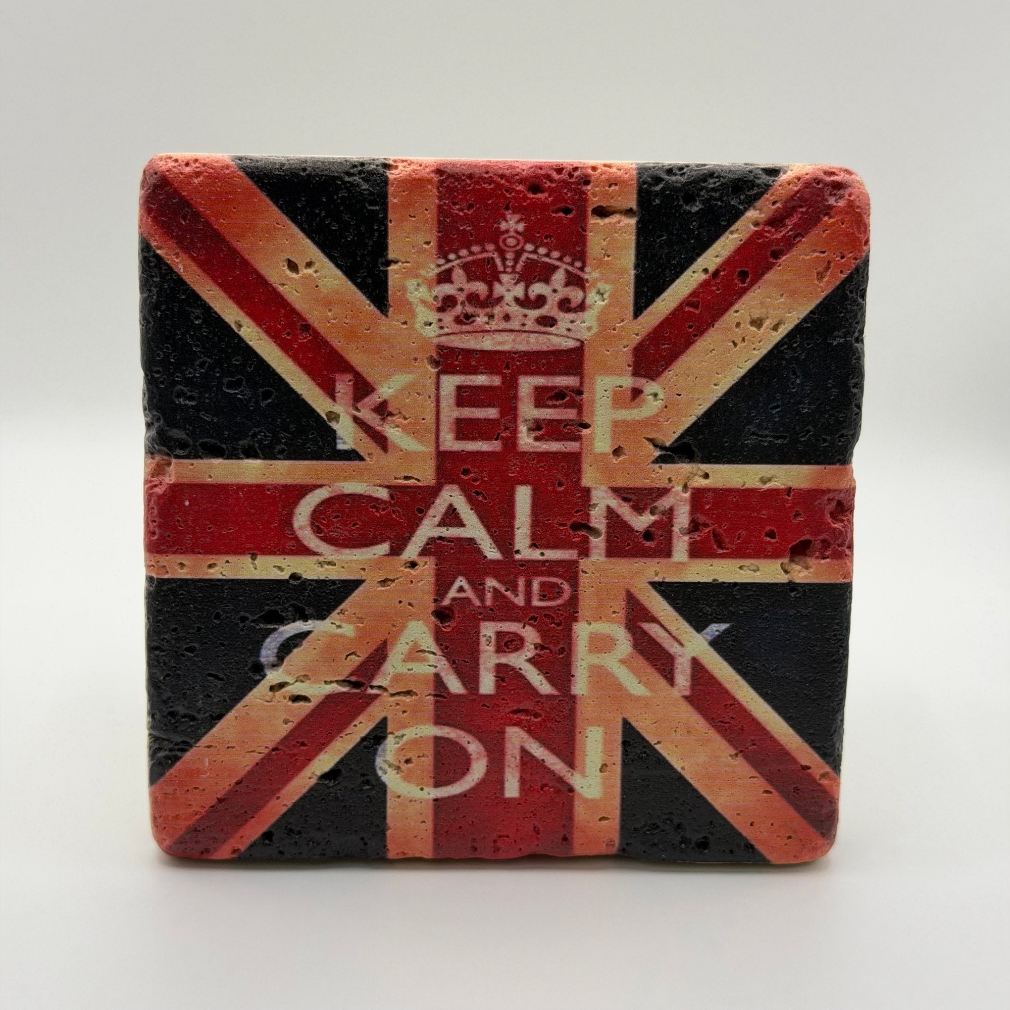 London Keep Calm And Carry On phrase printed on square natural travertine stone coaster