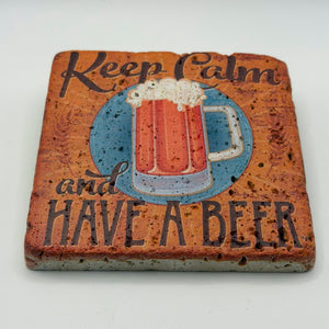 Keep Calm and Have a Beer quote printed on square natural travertine stone coaster