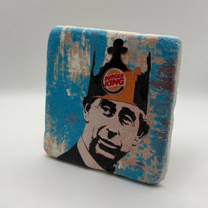 King Charles portrait printed on square travertine stone coaster
