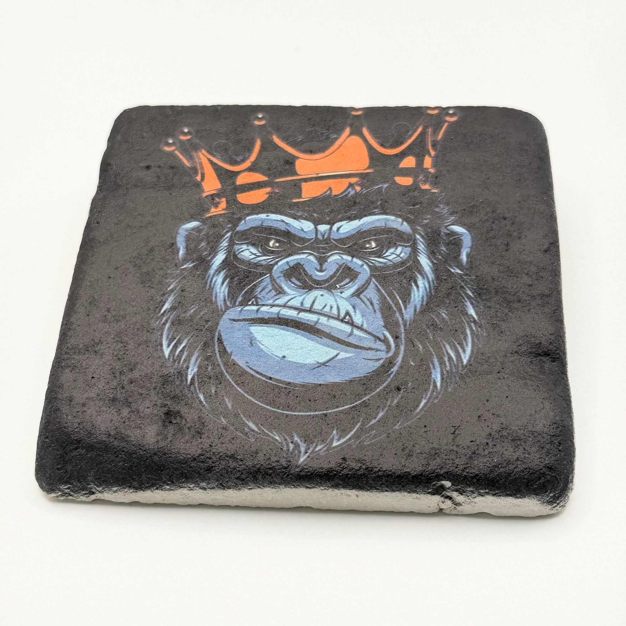 King Kong gorilla crown artwork printed on natural travertine stone coaster