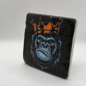 King Kong gorilla crown artwork printed on natural travertine stone coaster