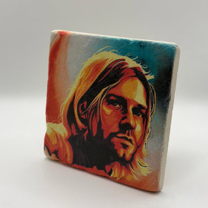 Kurt Cobain artwork printed on square travertine stone coaster