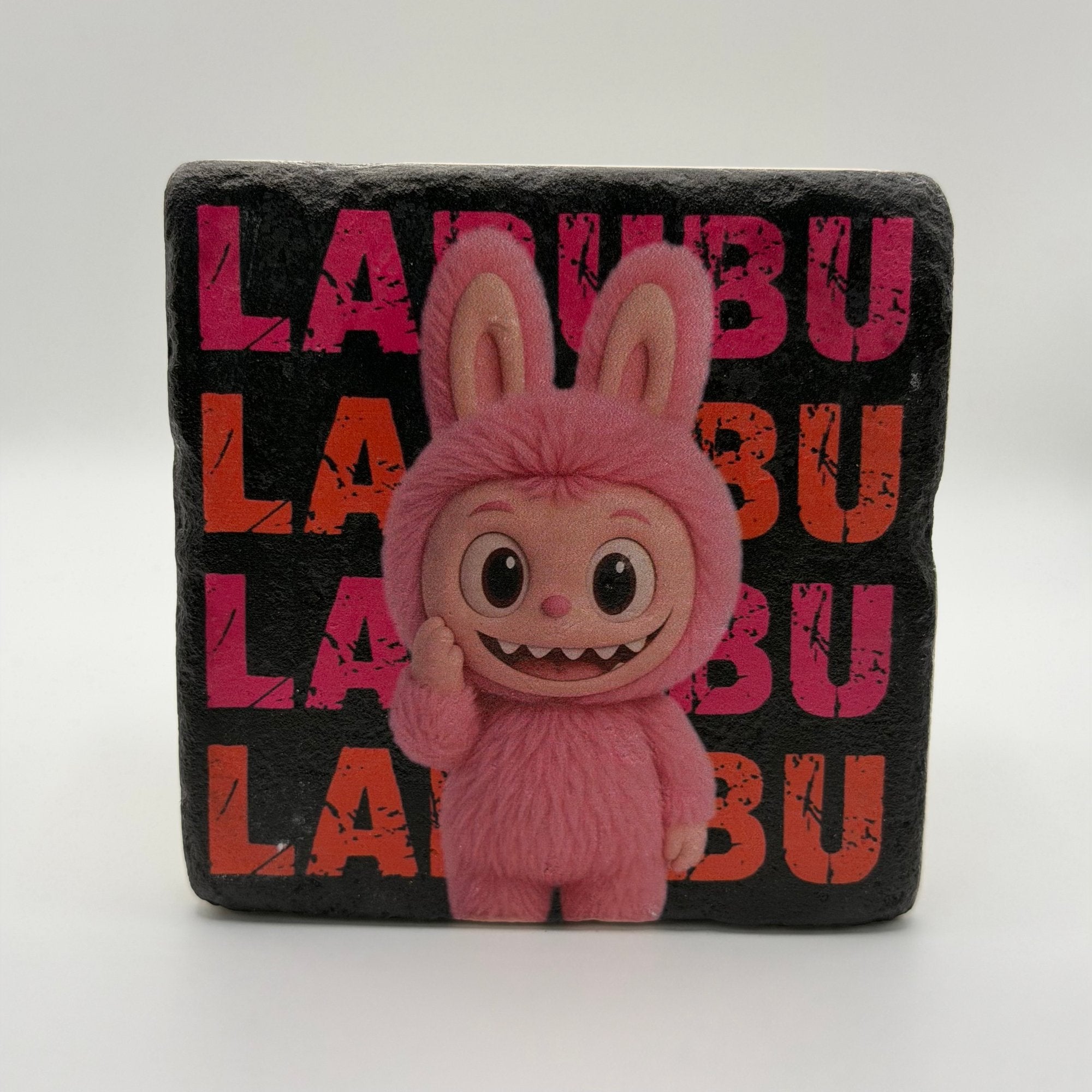 Labubu character printed on square travertine stone coaster