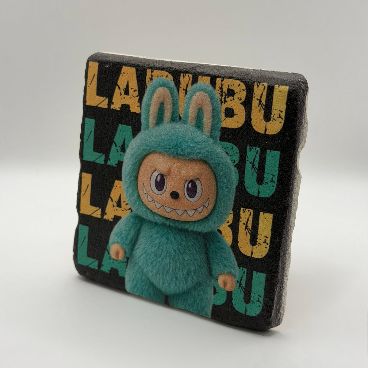 Labubu character artwork printed on square travertine stone coaster