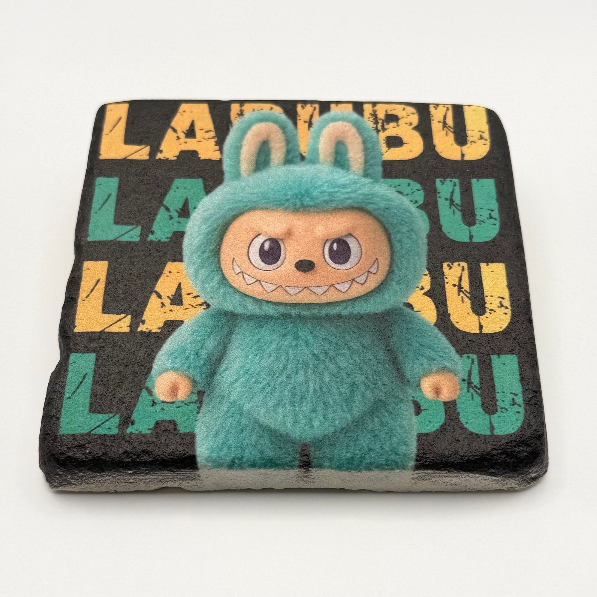 Labubu character artwork printed on square travertine stone coaster