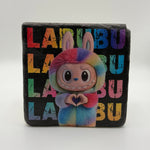 Labubu character artwork printed on square travertine stone coaster