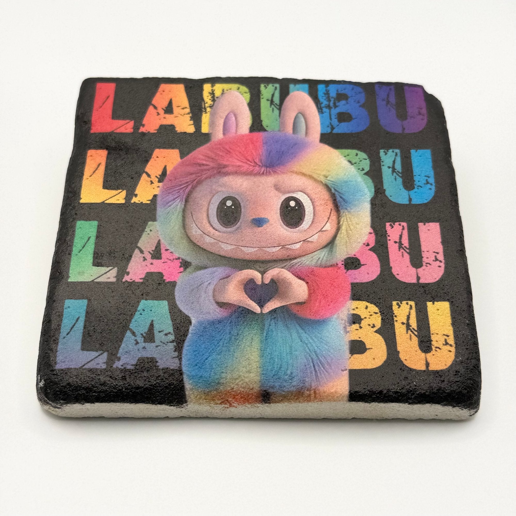 Labubu character artwork printed on square travertine stone coaster