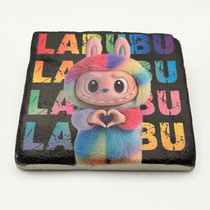 Labubu character artwork printed on square travertine stone coaster