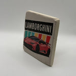 Classic Lamborghini logo printed on square travertine stone coaster
