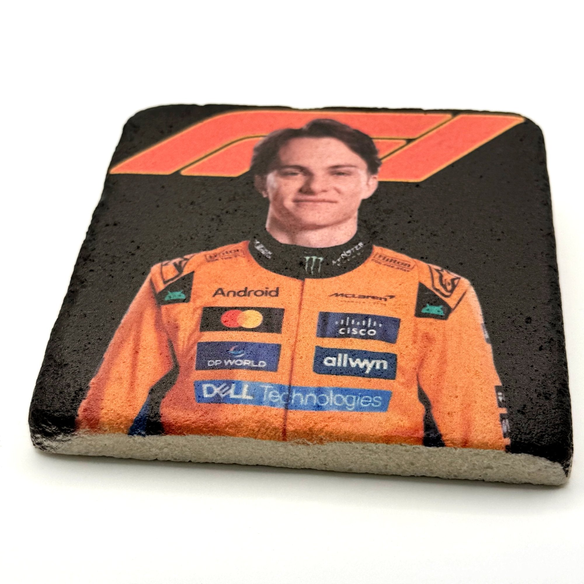 Lando Norris portrait printed on square travertine stone coaster
