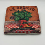 Le Basilic recipe artwork printed on square travertine stone coaster
