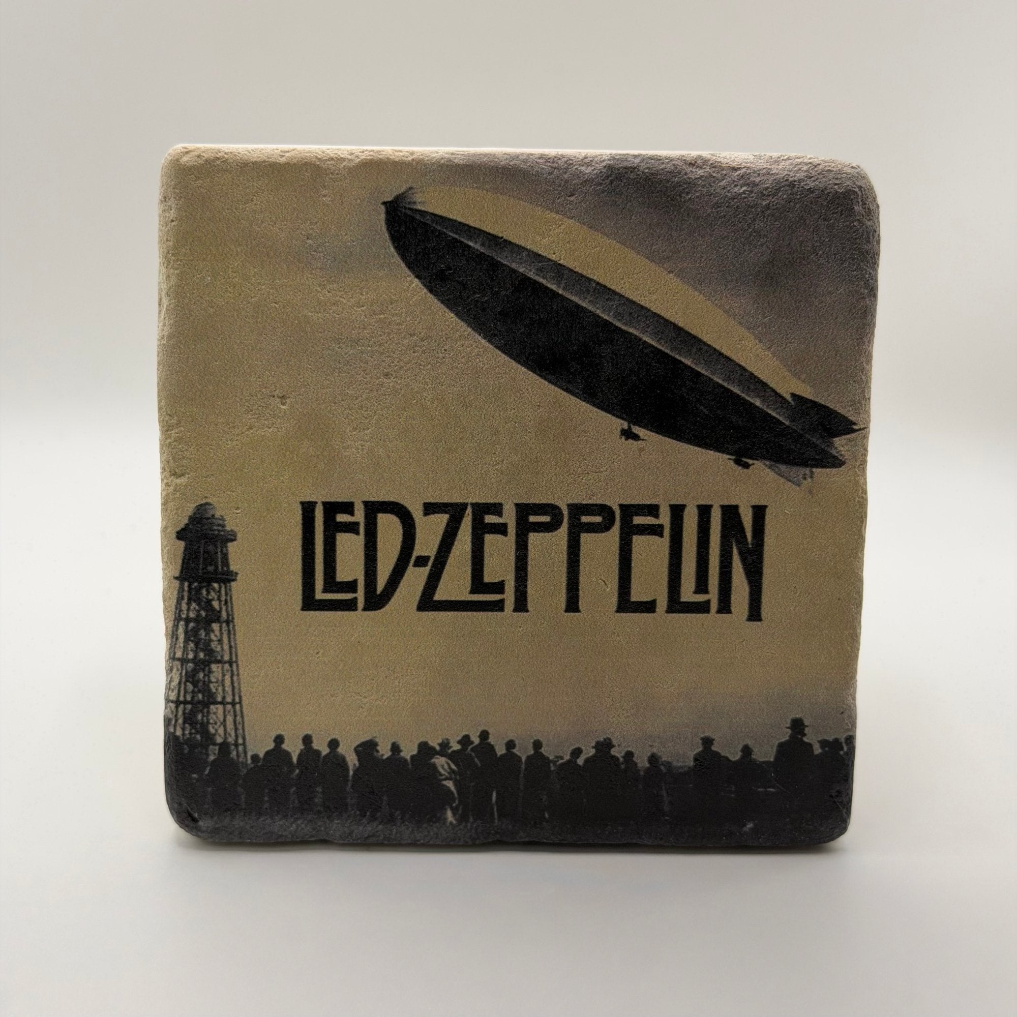 Led Zeppelin artwork printed on square travertine stone coaster