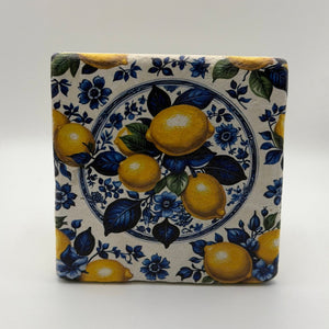 Lemon Blue artwork printed on square travertine stone coaster