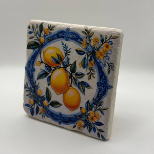 Lemon ceramic artwork printed on square travertine stone coaster
