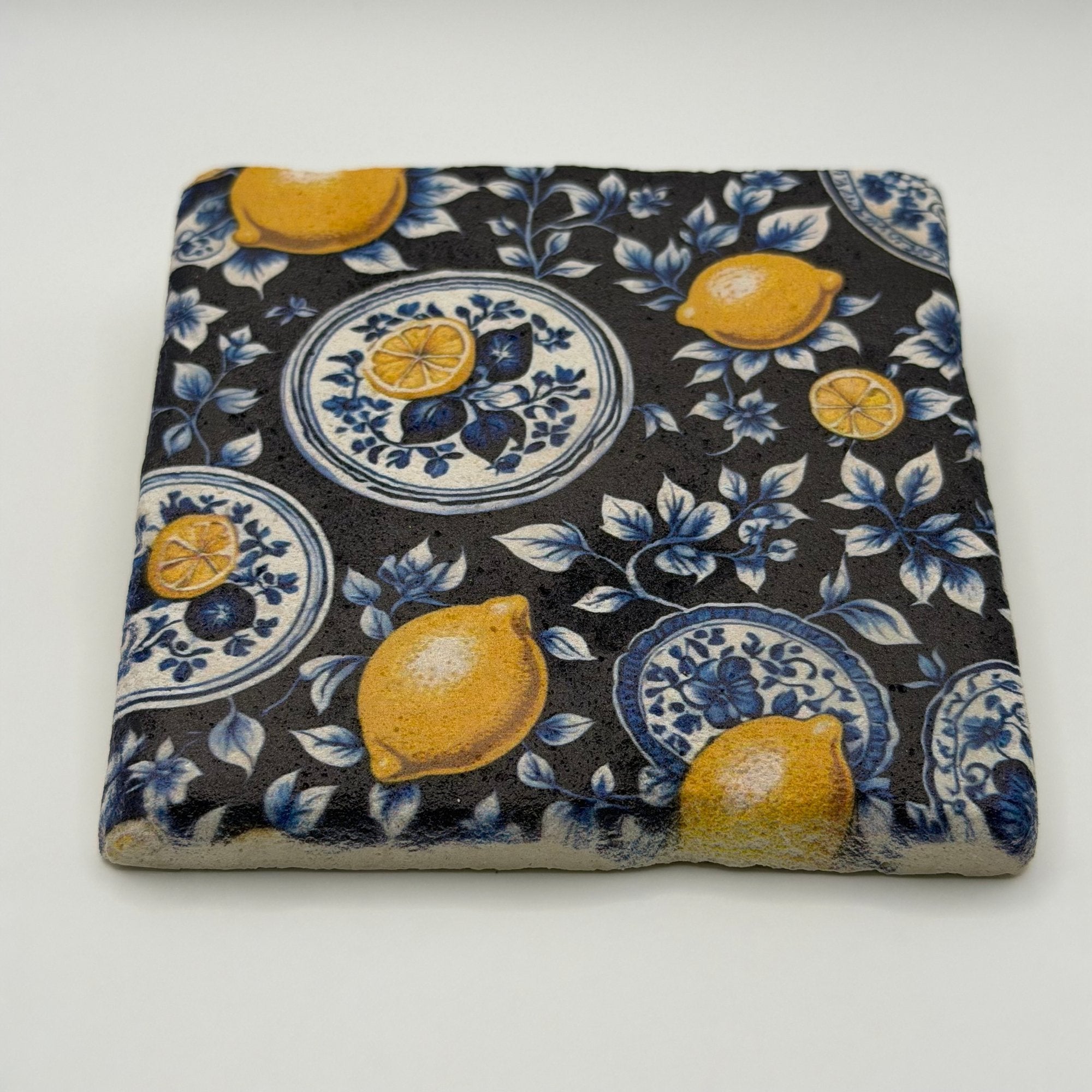 Lemon paint artwork printed on square travertine stone coaster