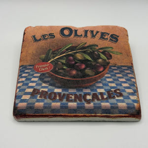 Les Olives artwork printed on square travertine stone coaster