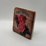 Vintage Les Roses botanical print on square travertine stone coaster