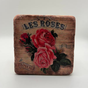 Vintage Les Roses botanical print on square travertine stone coaster