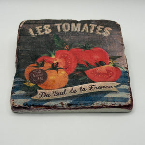 Vintage Les Tomates artwork printed on square travertine stone coaster