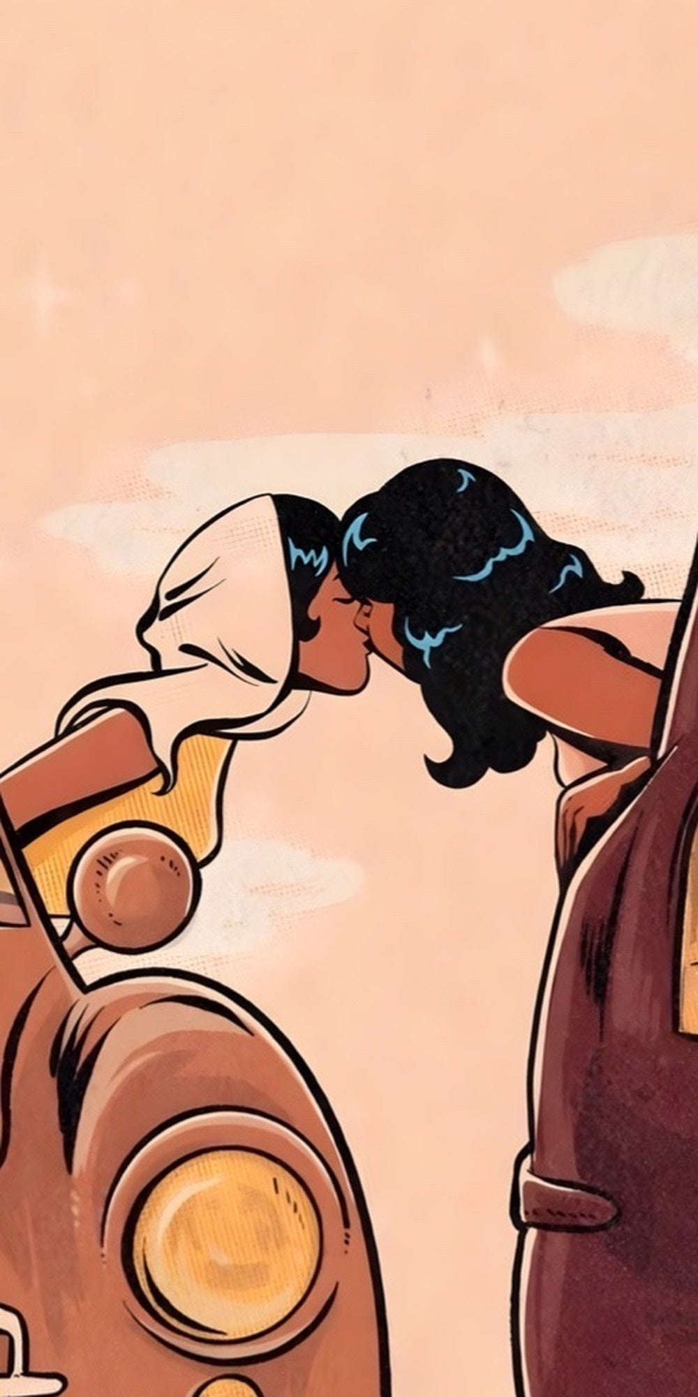 Lesbian couple kissing vintage cars design displayed as a decorative MDF wall sign