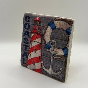 Lighthouse illustration printed on square travertine stone coaster