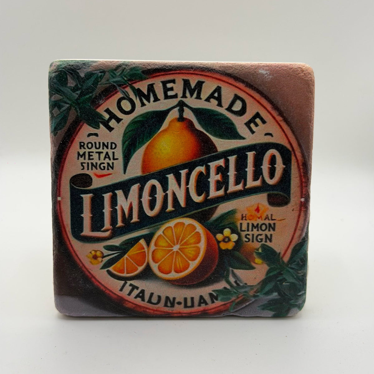 Limoncello artwork printed on square travertine stone coaster