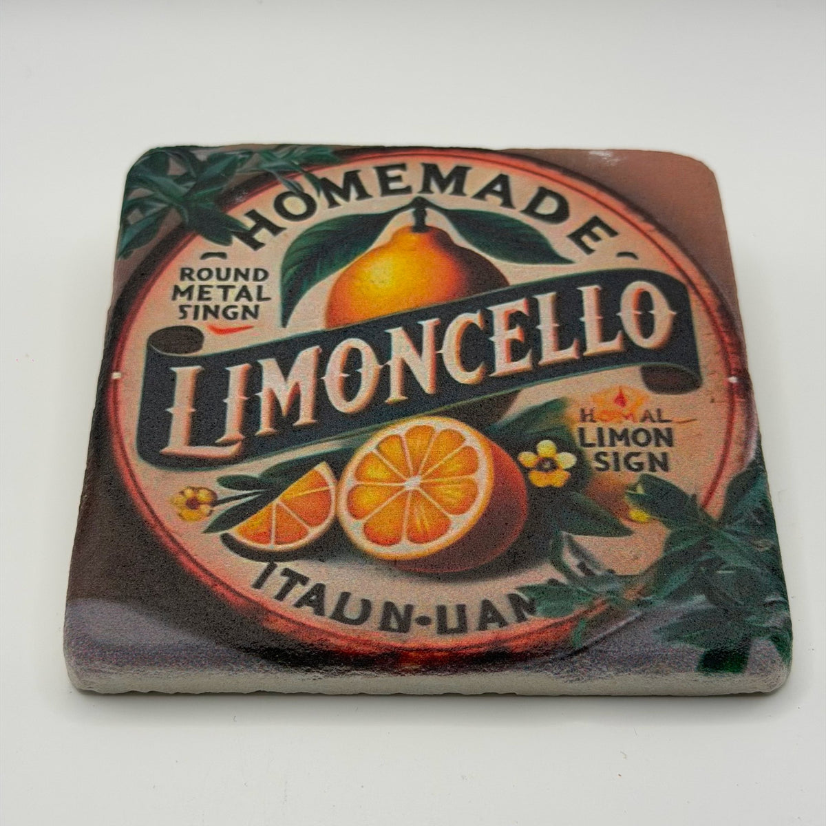 Limoncello artwork printed on square travertine stone coaster