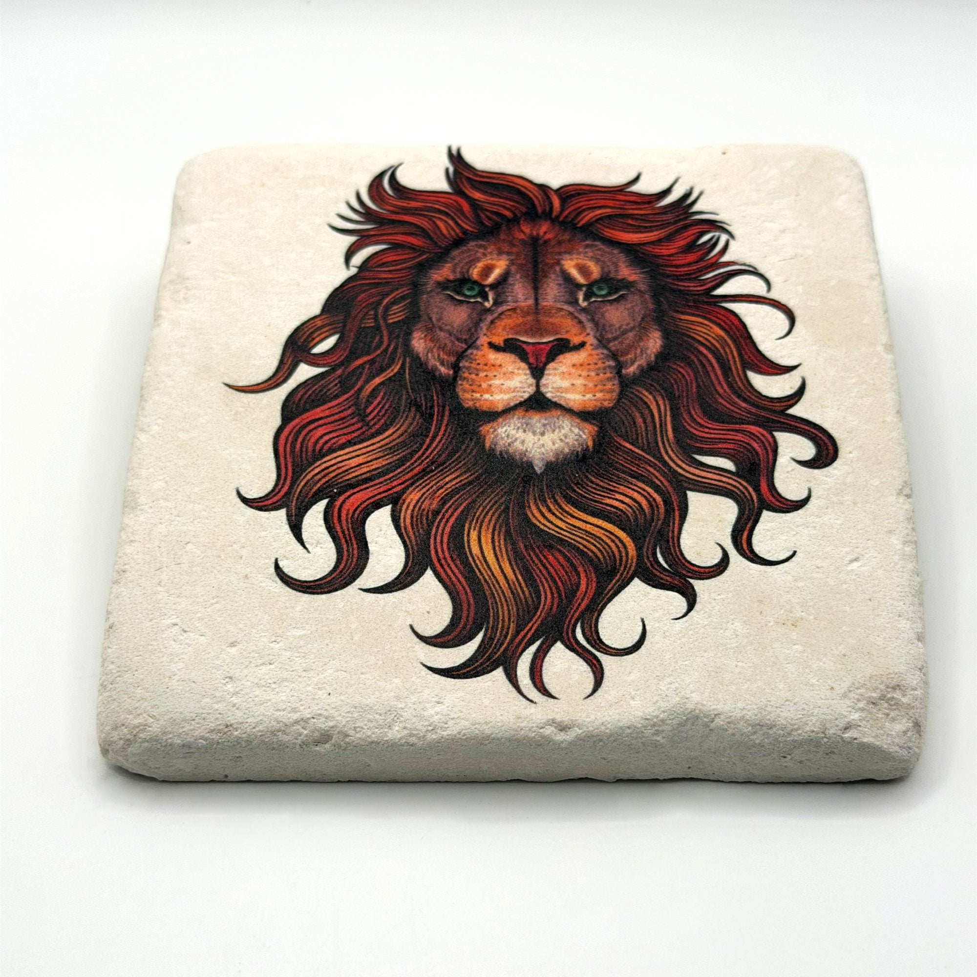 African lion artwork printed on square natural travertine stone coaster