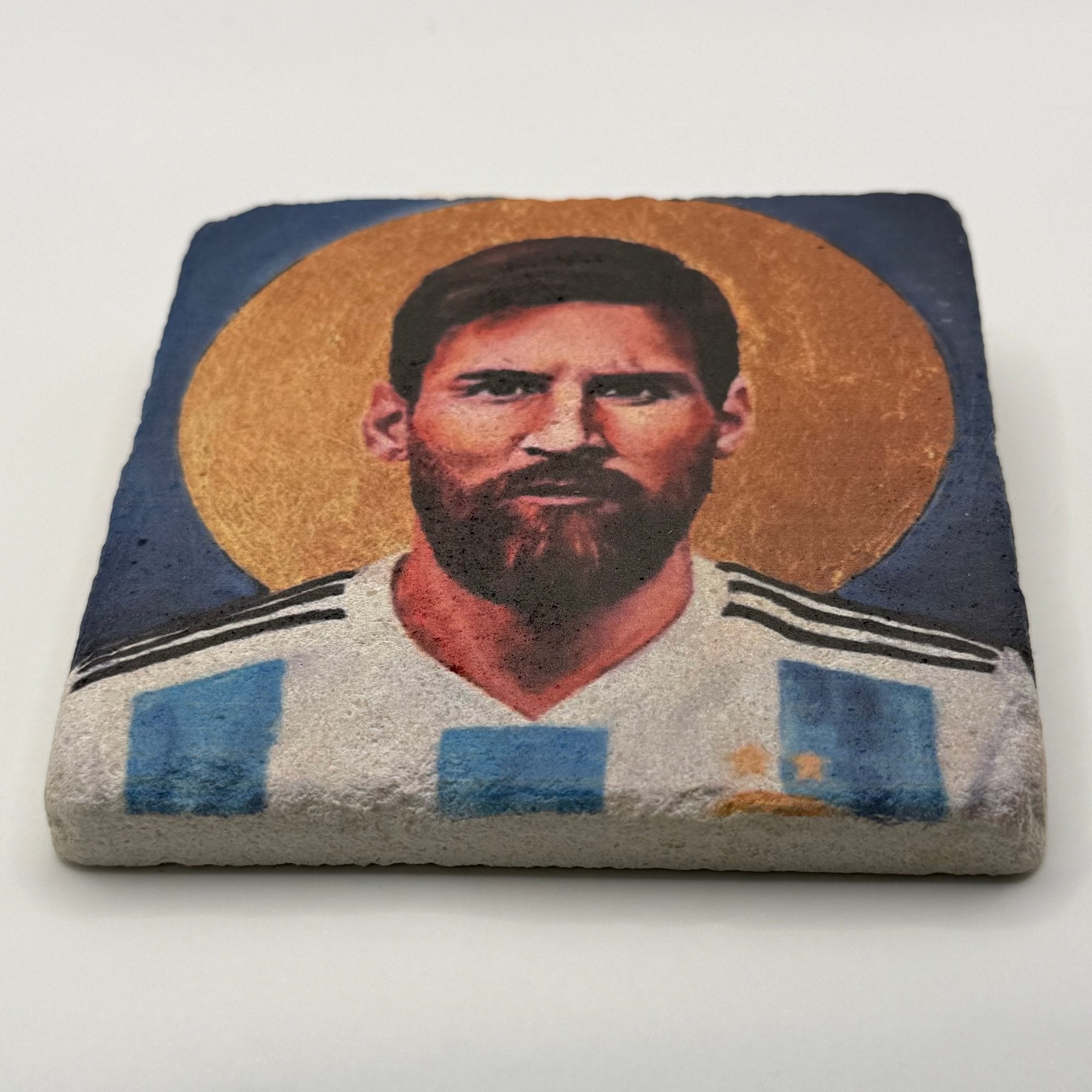 Lionel Messi portrait printed on square travertine stone coaster