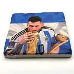 Lionel Messi world cup trophy artwork printed on square travertine stone coaster