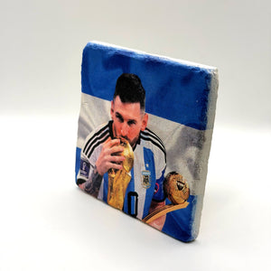 Lionel Messi Stone Coaster | World Cup Trophy Natural Travertine