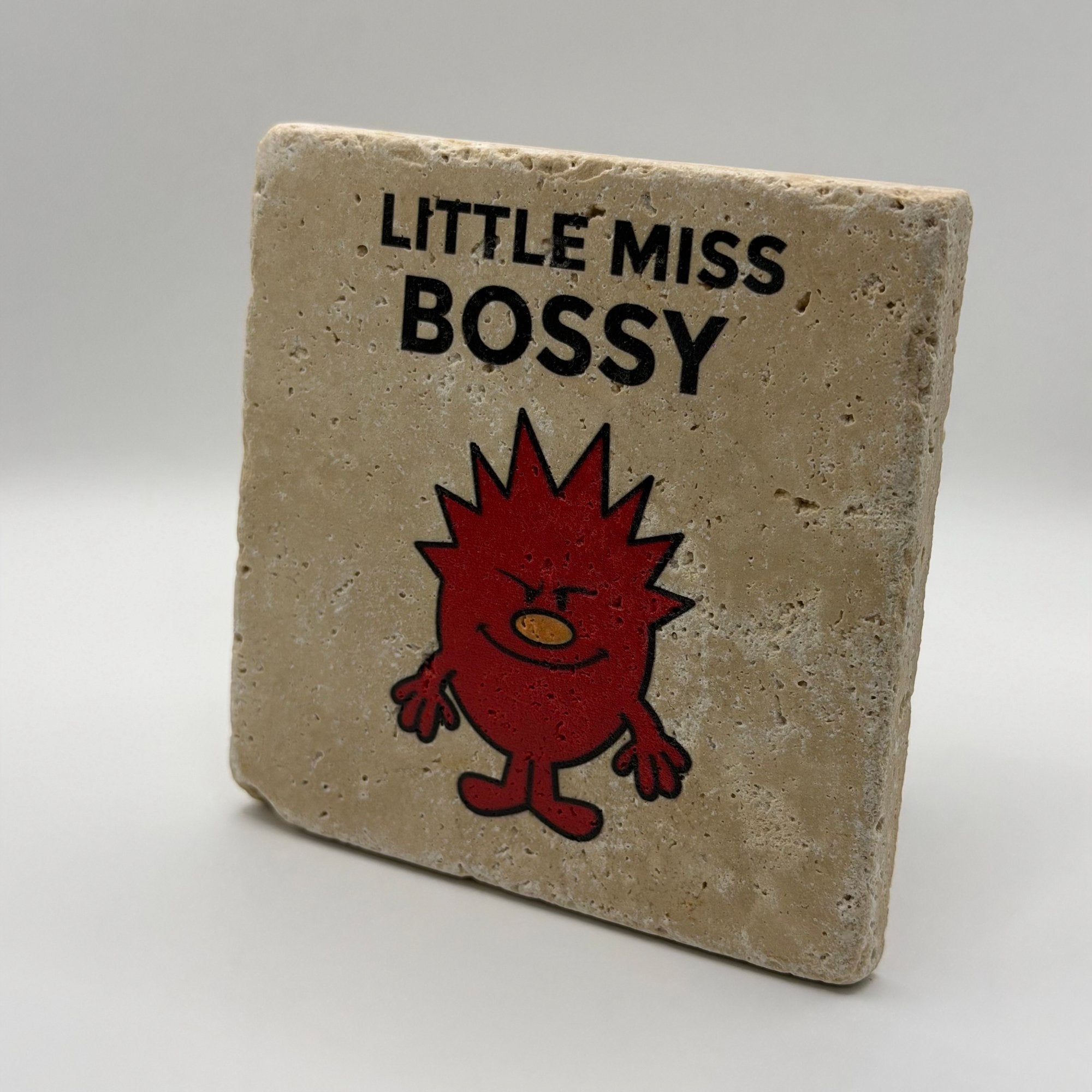 Little Miss Bossy character artwork printed on square travertine stone coaster