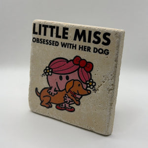 Little Miss illustration printed on square travertine stone coaster