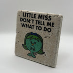Little Miss artwork printed on square travertine stone coaster