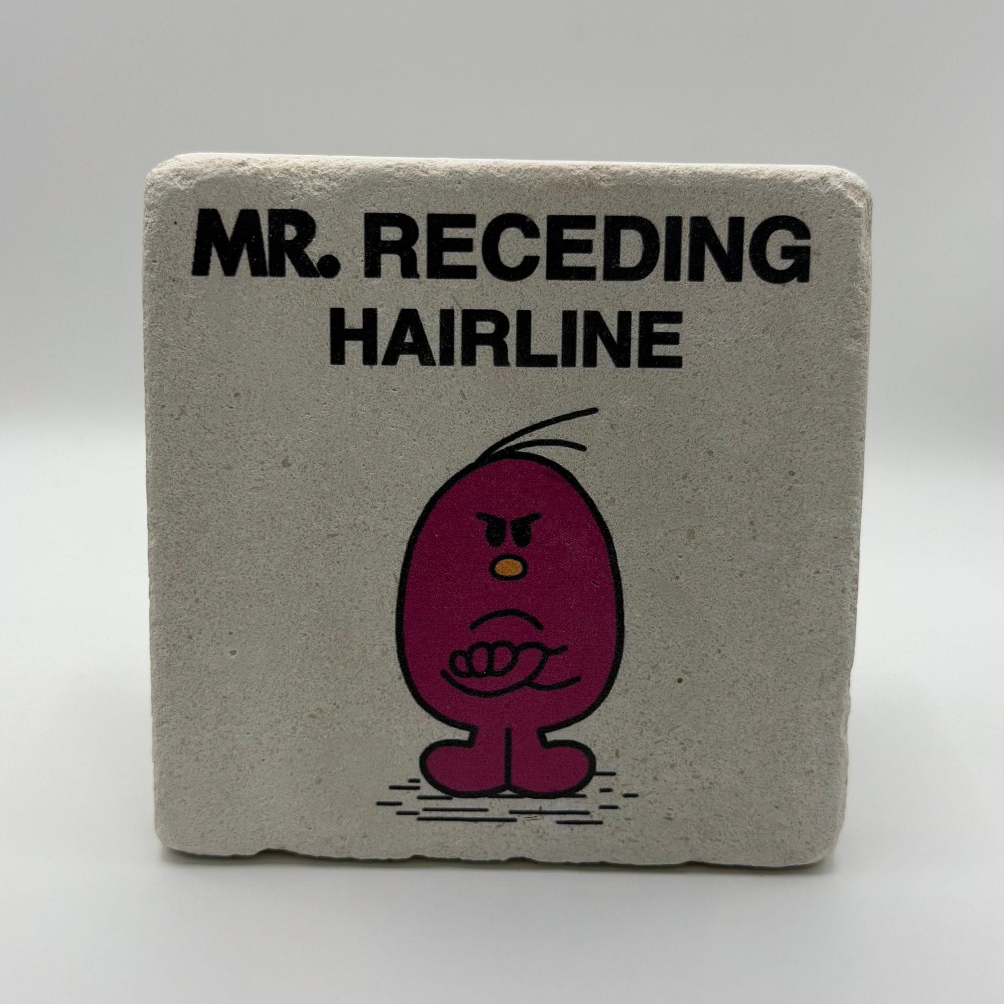 Little Miss Mr. Receding Hairline illustration printed on square travertine stone coaster