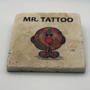 Mr. Tattoo illustration printed on square travertine stone coaster