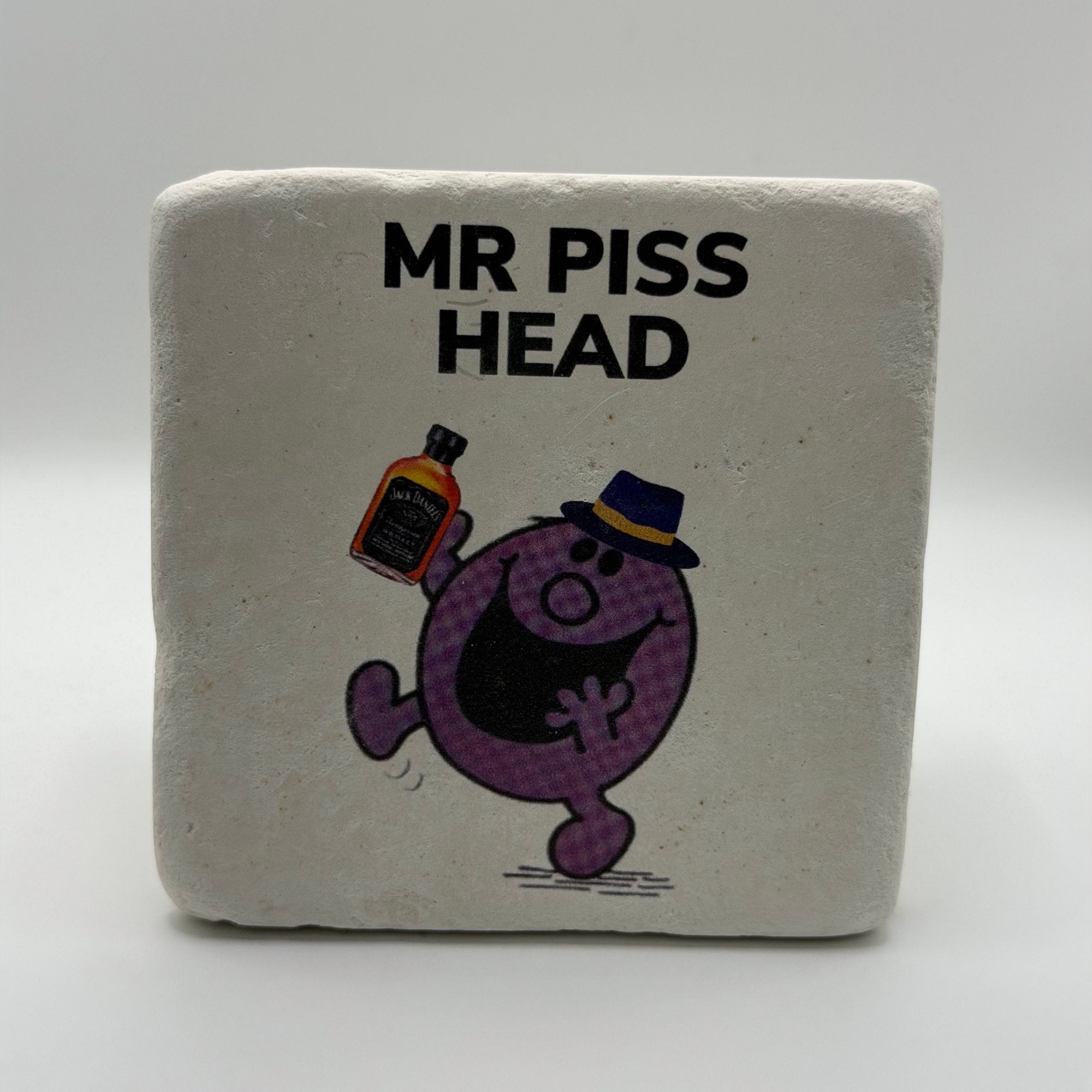 Little Miss Piss Head artwork printed on square travertine stone coaster