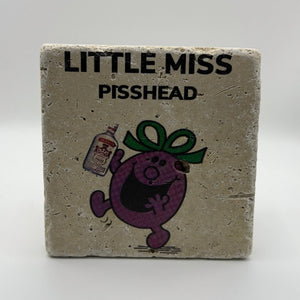 Cartoon Little Miss Pisshead printed on square natural travertine stone coaster