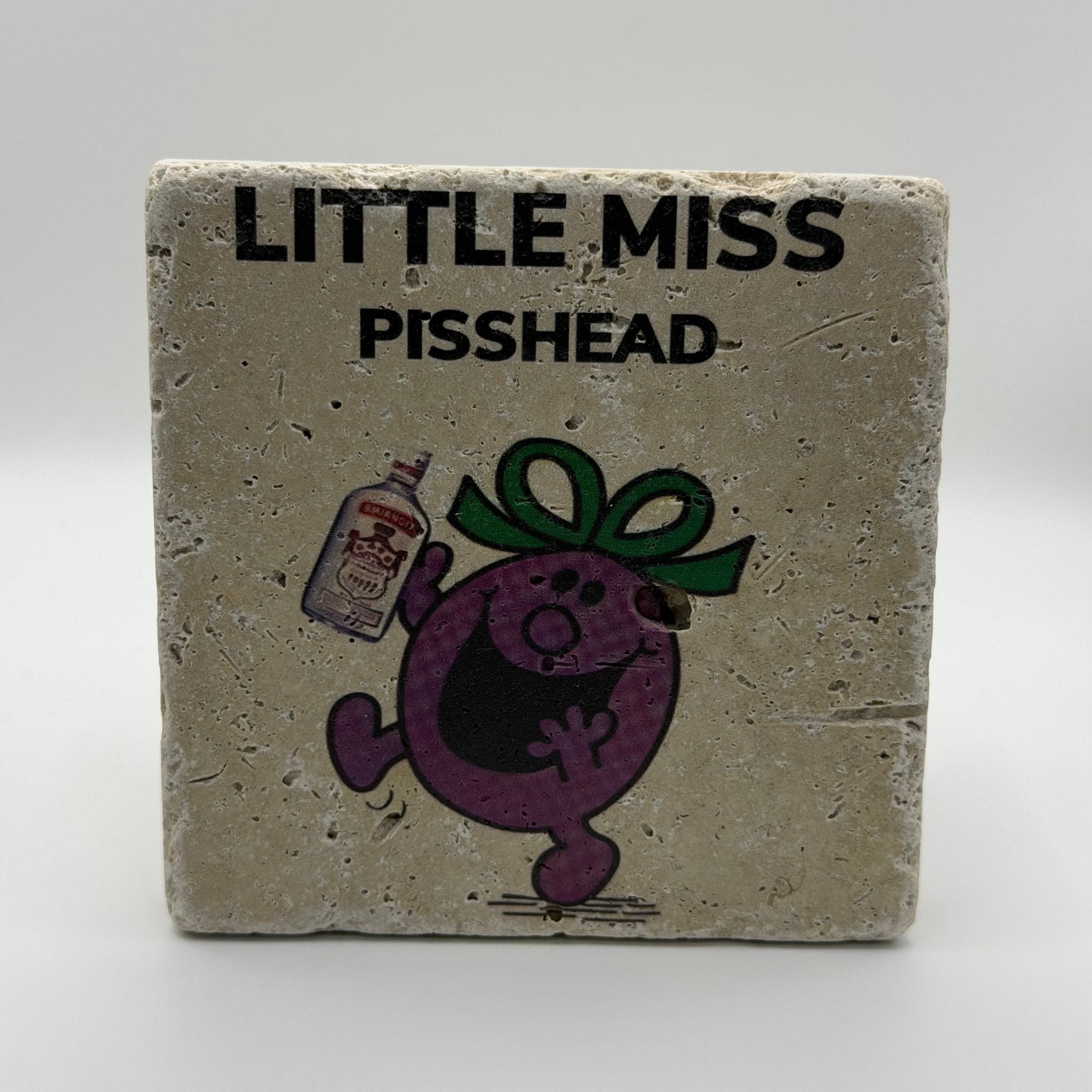 Cartoon Little Miss Pisshead printed on square natural travertine stone coaster