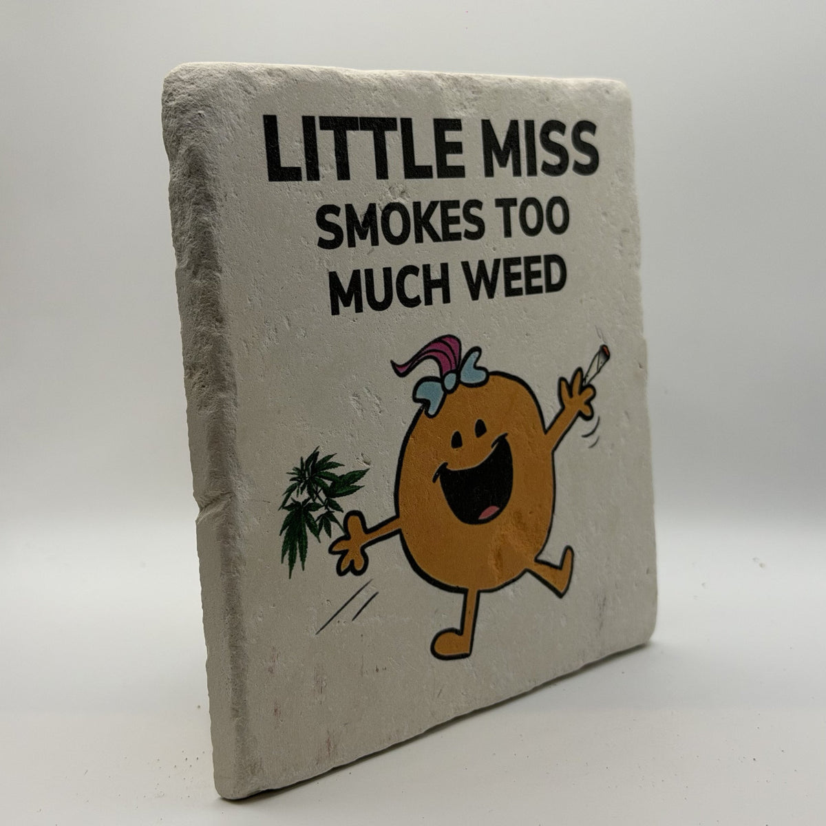 Little Miss Smokes Too Much Weed Natural Travertine Stone Hotpad 3