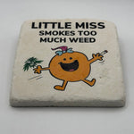 Little Miss cartoon artwork printed on square natural travertine stone coaster