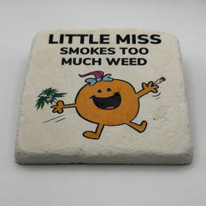 Little Miss cartoon artwork printed on square natural travertine stone coaster